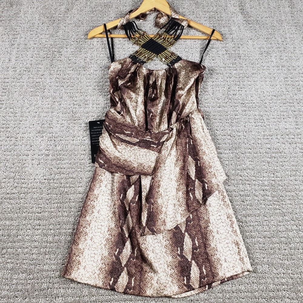 NWT Bebe Dress Womens XS Silk Brown Snakeskin Beaded Halter Top Y2k Fairy Core